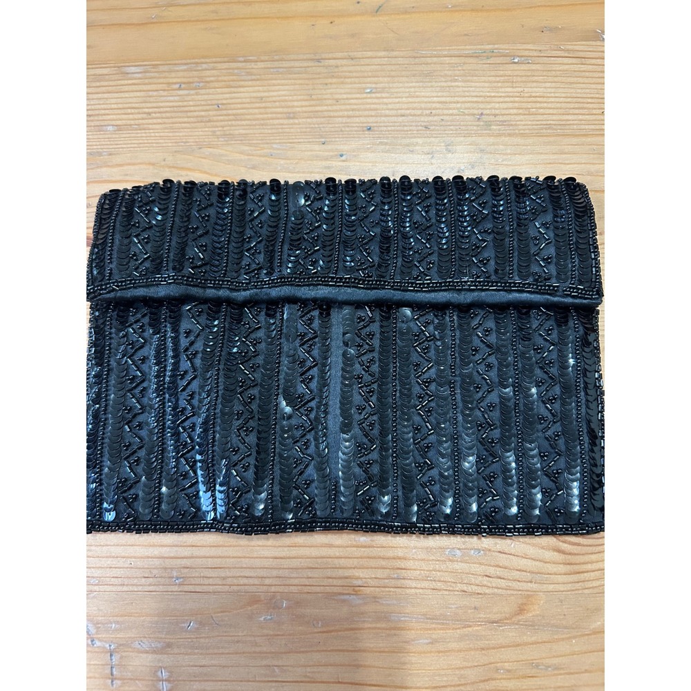 Vintage Made in France 1940s Black Bead Sequin Envelope Clutch Evening Handbag